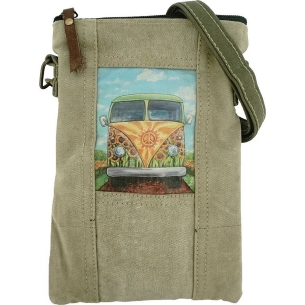 Vintage Foundry Peace Van Hippie Khaki Canvas Crossbody Bag New